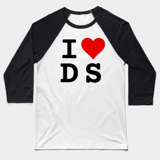 I Love DS | Stylized Abbreviation Heart Logo Black Baseball T-Shirt